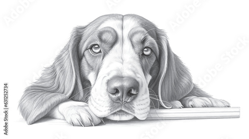 Sketch of the muzzle of a basset hound dog lying on a table on a white background