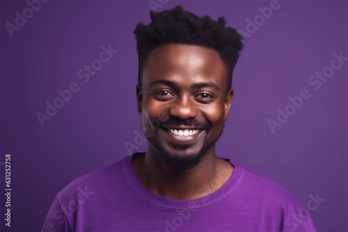 black young adult man smiling on a violet background