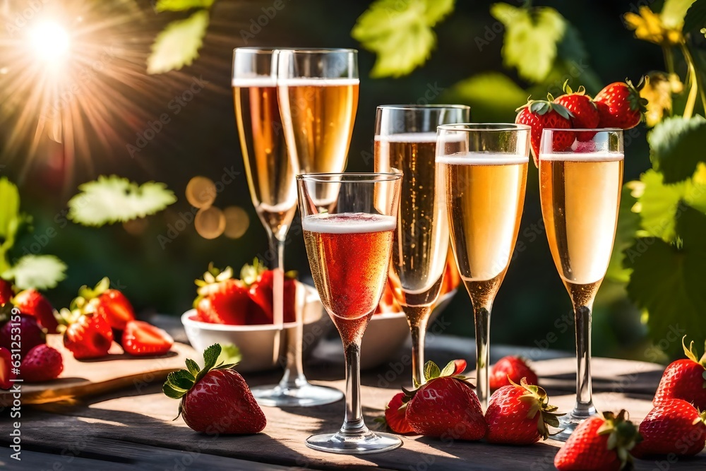 A crystal flute filled with effervescent champagne beside a plate of succulent strawberries, nestled on a polished marble surface adorned with delicate lace.