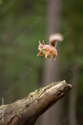 Eurasian red squirrel Sciurus vulgaris jumping in the forest at summer day, neural network generated photorealistic image photo