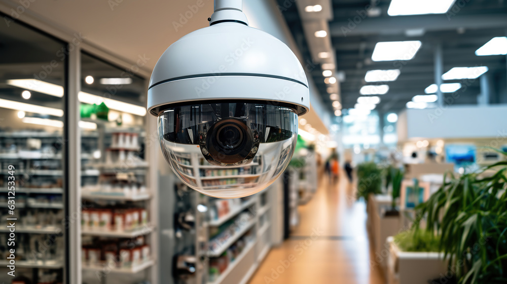 CCTV camera surveillance system for business buildings, retail centers, homes, and public areas. Generative AI - obrazy, fototapety, plakaty 