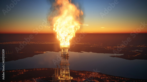 Aerial view to gas flare stack of petroleum refineries sunset background, Generative AI
