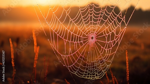  a spider web in the middle of a field at sunset. generative ai