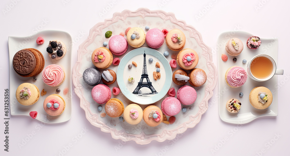 platos decorados con la torre eiffel y macarons de colores.ilustracion de ia generativa platos decorados con la torre eiffel y macarons de colores.ilustracion de ia generativa
