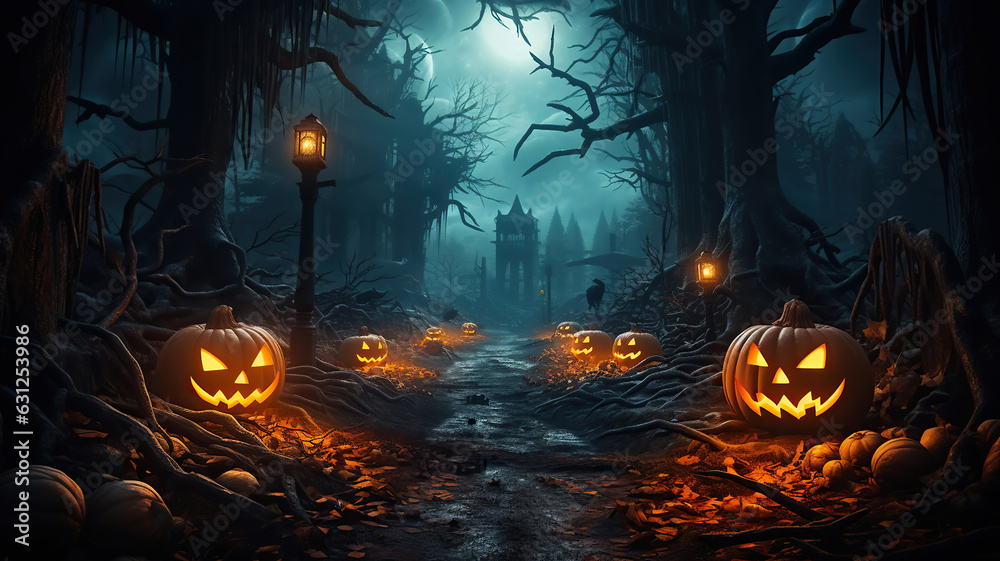 Halloween Pumpkins in the Eerie Night Forest. Generative AI Halloween Pumpkins in the Eerie Night Forest. Generative AI