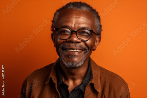 black mature adult man smiling on an orange background