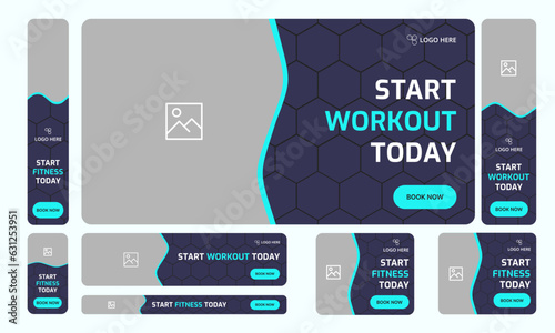 Vector illustration gym, fitness, workout, sport social media post template design collection. Modern square banner with yellow frame shape and place for photo. Editable vector eps 10 file format