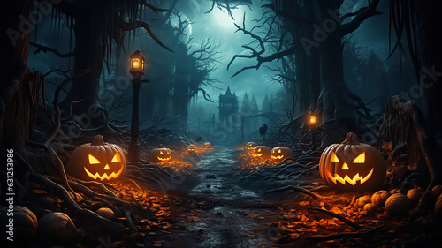 Halloween Pumpkins in the Eerie Night Forest. Generative AI
