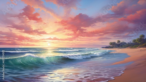 a painting of a sunset over a beach with waves crashing.  generative ai © Anna