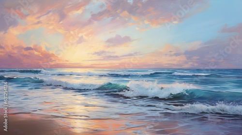  a painting of a sunset over the ocean with waves crashing.  generative ai © Anna