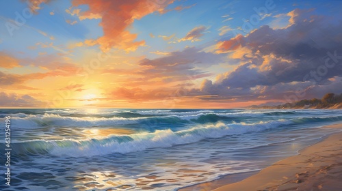  a painting of a sunset over the ocean with waves crashing on the beach.  generative ai © Anna