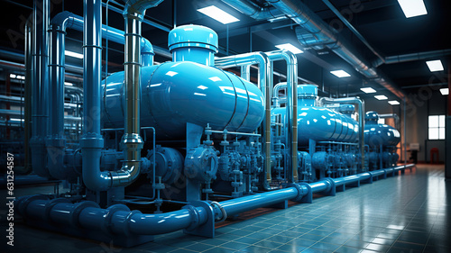 Wallpaper Mural Large industrial boiler room and water treatment facility. blue pumps, shiny stainless metal pipes, and valves. Generative AI Torontodigital.ca