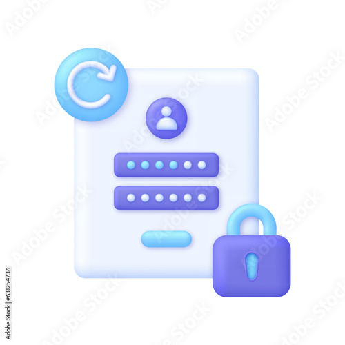 3D Password reset illustration. Update personal data concept. Getting a new username and password for an account.