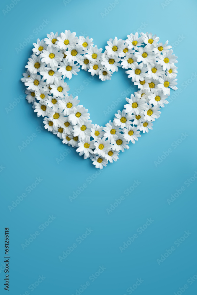 A heart made of daisies on a blue background. Copy-space.