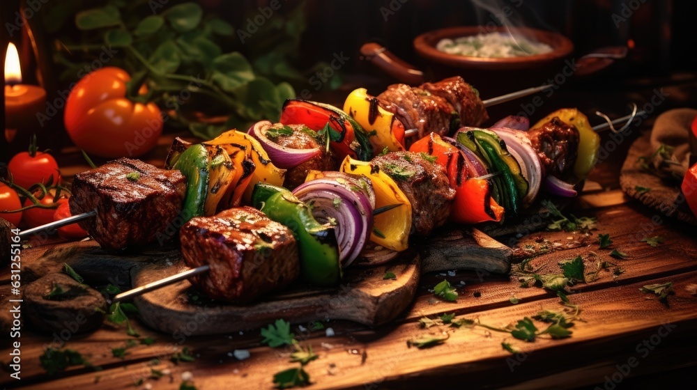 Cooked delicious realistic shish kebab on a bamboo stick Cooked delicious realistic shish kebab on a bamboo stick