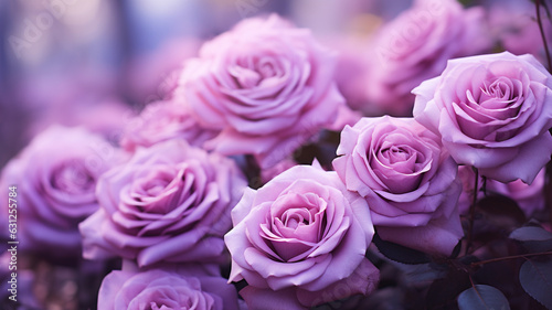 mehrere lila violet Rosen in Bl  tezeit. Querformat. Generative Ai.