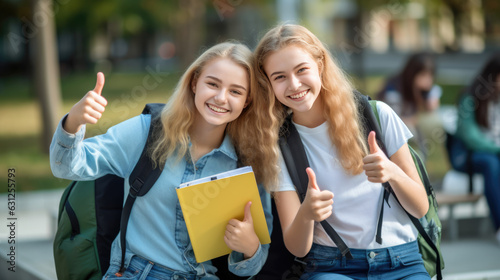 Two teenage schoolgirls standing in front of a school building with their thumbs up.Created with Generative AI technology.