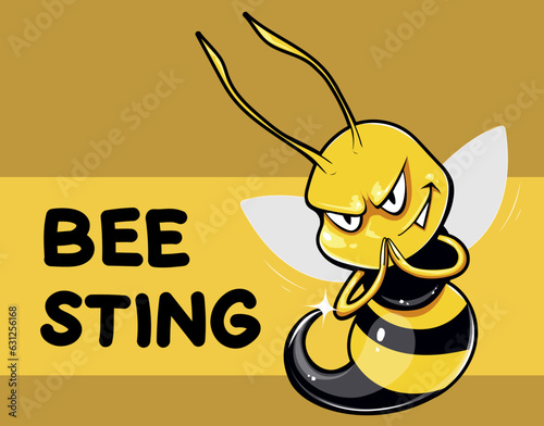 Bee sting. Funny cartoon bee character. Evil funny smiling bee. Vector illustration.