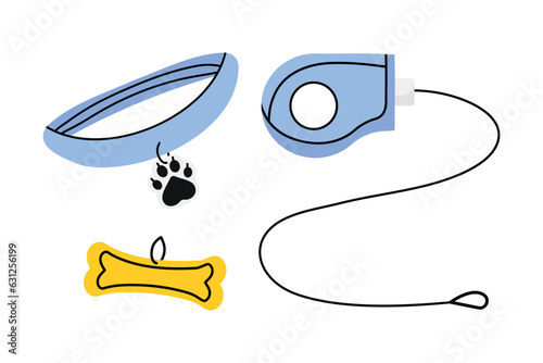 Pet Supplies and Walking Gear Collection: buckle collar, lead and bone shaped identification tag.