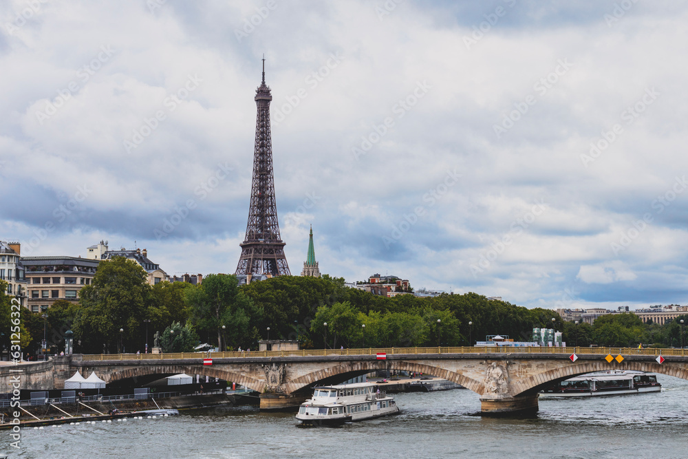 Paris, France: view of Seine River. Eiffel Tower in the background