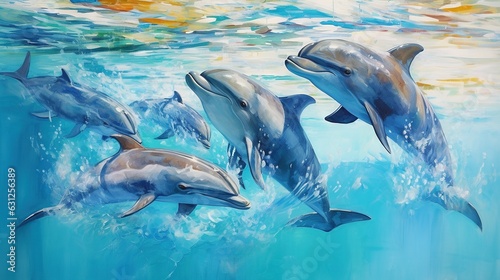  a painting of a group of dolphins swimming in the ocean. generative ai