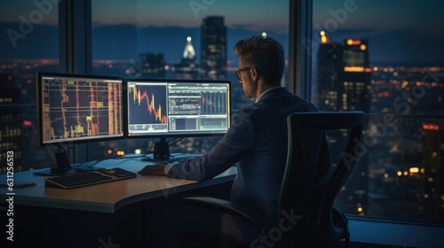 Stock Trader Man Using Multiple Monitors. Back view.