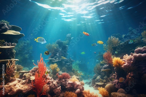 Colorful underwater seascape with fish  corals and sunlight