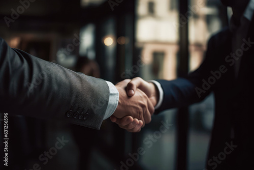 Businessmen Do Handshake With Partner In Front Of Defocused Office. Generative AI