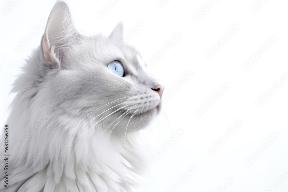 Portrait Of Cat American Curl In Profile On White Background. Empty Space. Generative AI