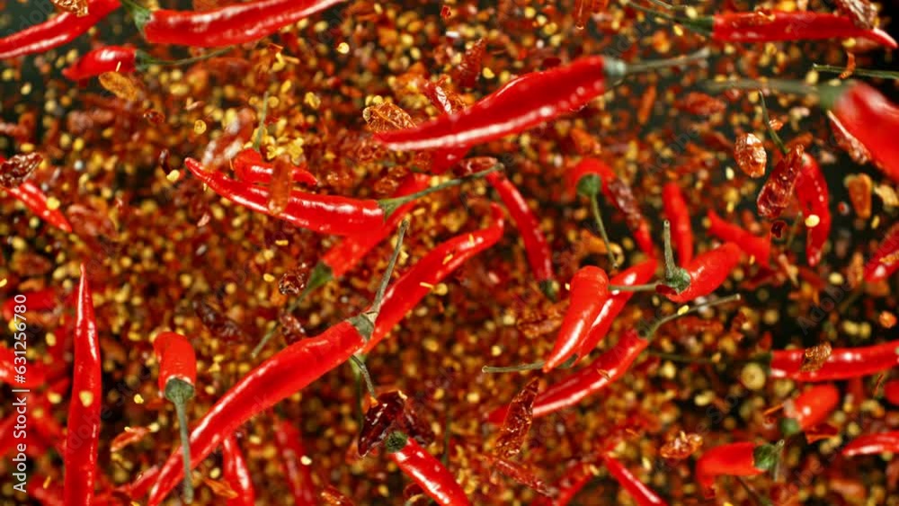 Super slow motion of flying and rotating red chilli peppers. Filmed on high speed cinema camera, 1000 fps, placed on high speed cine bot, following the target. Black background. Speed ramp effect.