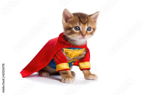Kitten In Superhero Costume On White Background. Generative AI