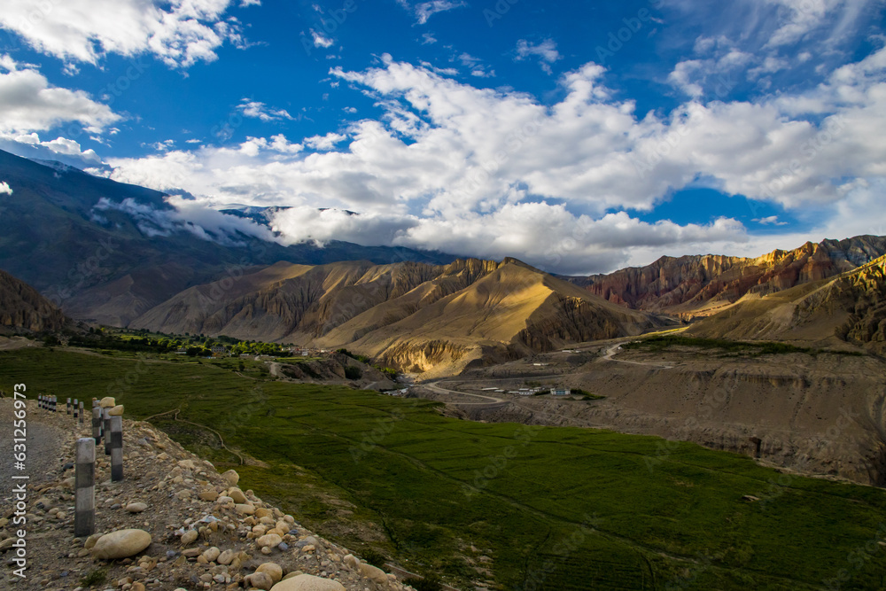Beautiful Sunset in the Desert Canyon and Green Desert of Ghami Village in Upper Mustang, Nepal Beautiful Sunset in the Desert Canyon and Green Desert of Ghami Village in Upper Mustang, Nepal