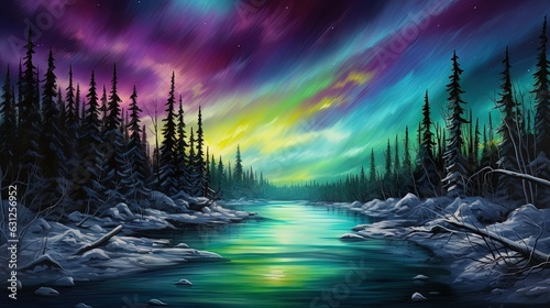  a painting of a river and trees under a colorful sky.  generative ai © Anna