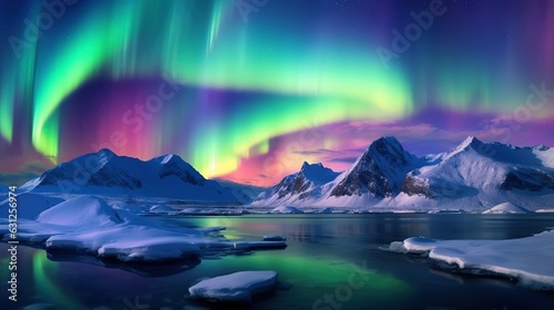  an aurora bore over a mountain range and a body of water.  generative ai © Anna