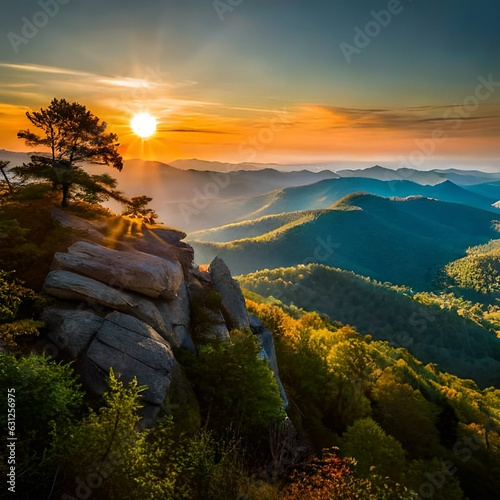 The Craggies in the Blue Ridge Mountains  Parkway in North Carolina, USA with Catawba Rhododendron during a spring season sunset.