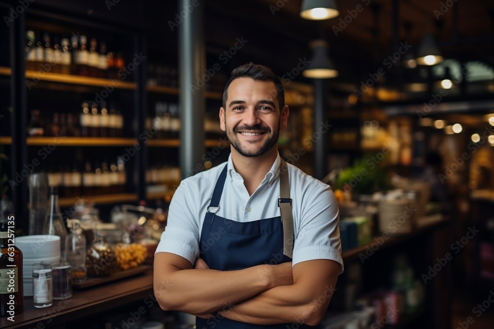 Cheerful Male Store Owner at Cafe or Grocery with Arms Crossed. AI