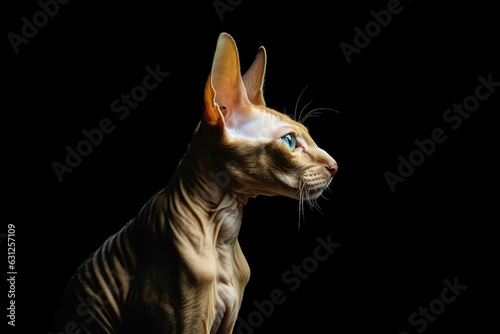 Portrait Of Cat Peterbald In Profile On Black Matte Background. Generative AI © Anastasiia
