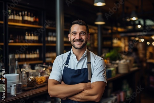 Cheerful Male Store Owner at Cafe or Grocery with Arms Crossed. AI