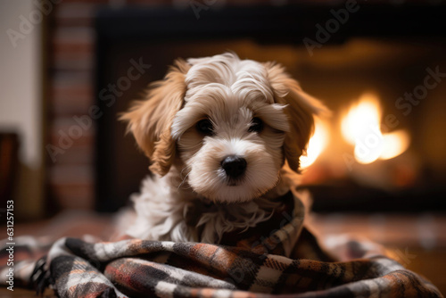 Puppy In Plaid With Defocused Fireplace In Background. Generative AI © Anastasiia