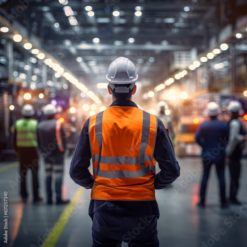 Worker in uniform at work. View from Behind on a Occupational Health and Safety worker in Personal protective equipment Looking at the production hall and his coworkers.
