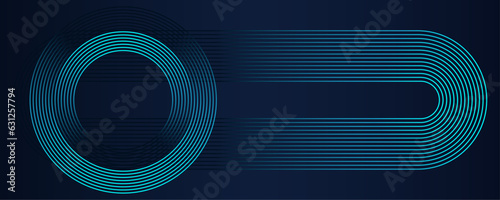 Futuristic technology concept with shiny geometric stripes lines. Modern abstract background with circles and glowing blue rounded rectangle lines isolated on on dark blue background. Vector 