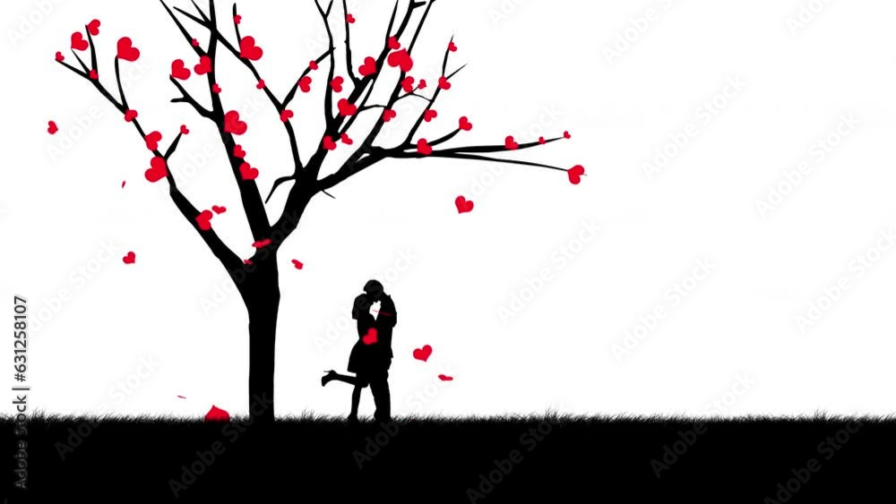 Silhouette of a couple kissing next to a love tree animation 4k video Silhouette of a couple kissing next to a love tree animation 4k video