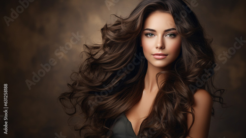 Portrait of a beautiful brunette woman with long wavy hair. Copy space banner