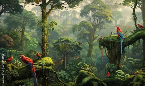 Fototapeta Naklejka Na Ścianę i Meble -   a painting of a jungle with parrots and other birds.  generative ai