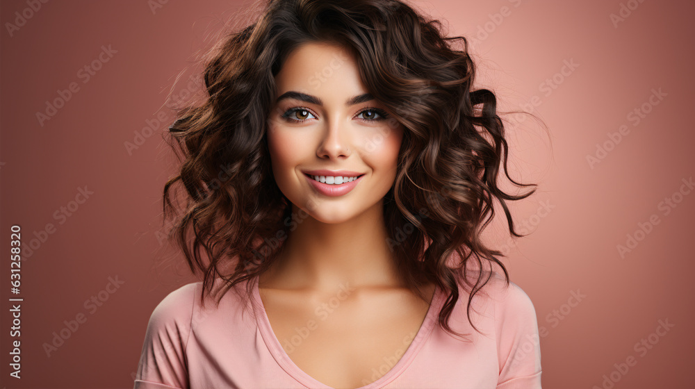 Portrait of a beautiful brunette woman with long wavy hair. Copy space banner