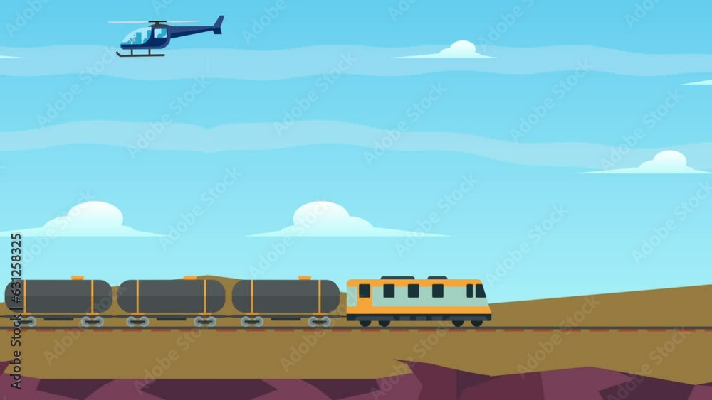 Seamless loop train pulling tanker with desert background
