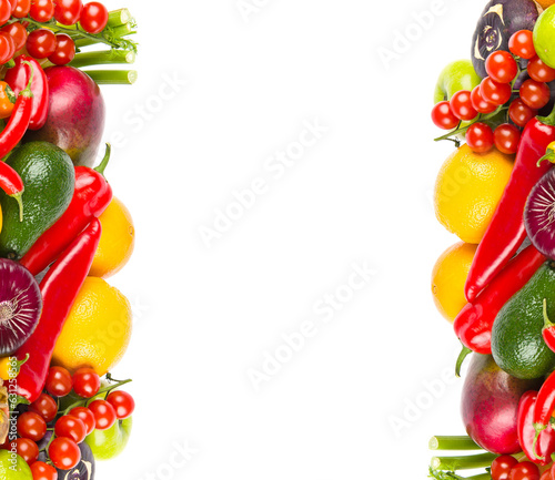 Set of vegetables and fruits isolated on white . Collage. Free space for text.