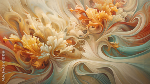  an abstract painting of flowers with swirls and colors on a white background. generative ai