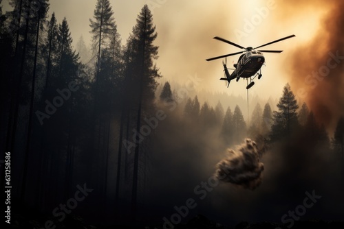 Helicopter dropping water over forest fire Generative AI