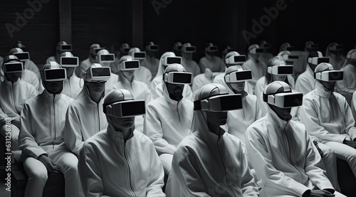 In a dystopian future, a group of people wearing white, futuristic clothing stands inside a virtual reality, an ominous reminder of the uncertain fate of humanity